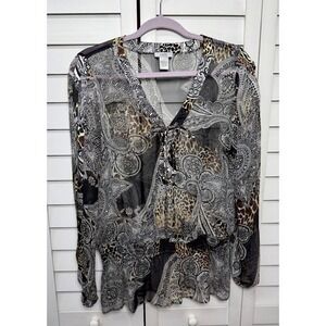 Cache Vintage Y2K Leopard Print 100% Silk Long Sleeve Peplum Top Women's Size S